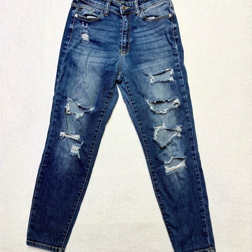 Judy Blue Ripped Boyfriend Jeans - Dark Blue Wash